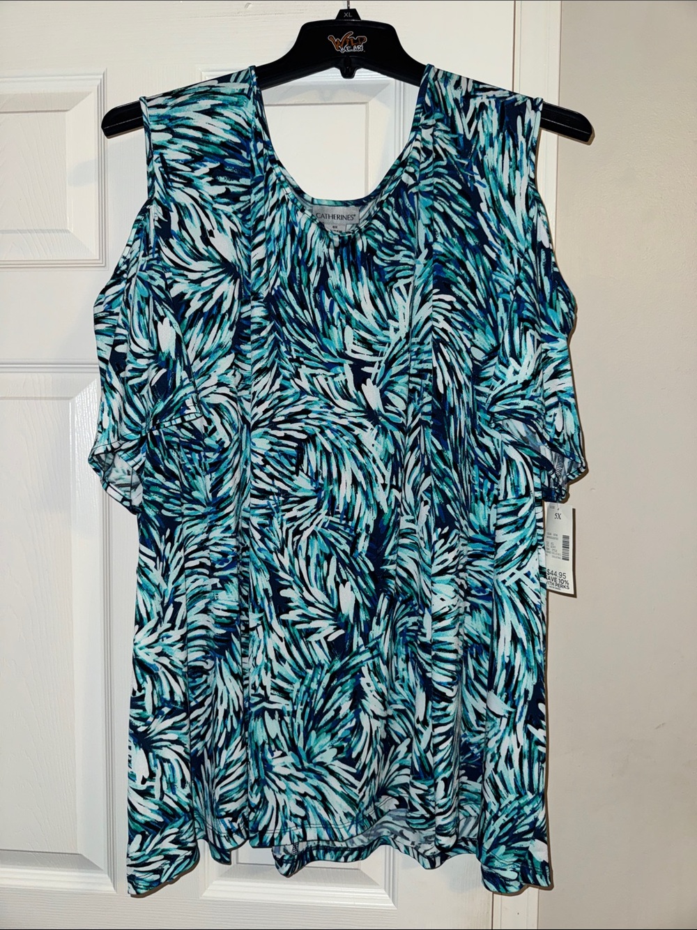 Catherines Teal and Blue Leaf-Print Cold-Shoulder Blouse